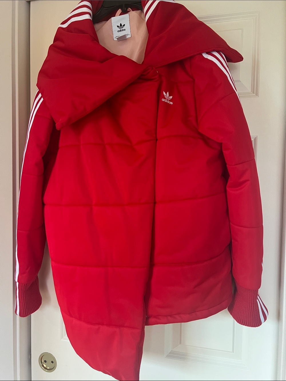 Adidas women Bright Red Quilted Puffer Jacket - oversized. Asymmetrical